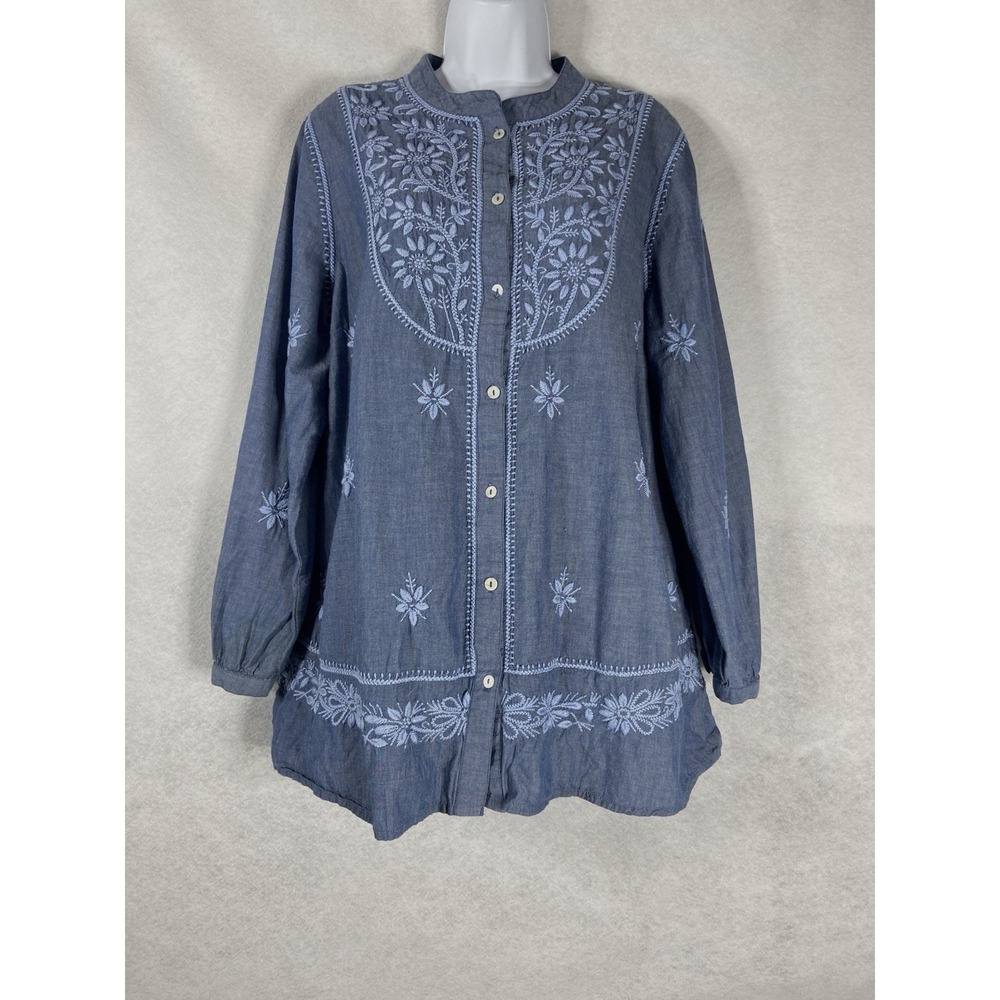 Soft Surroundings Top Women's Large Blue Button Up Embroidered Long Sleeve